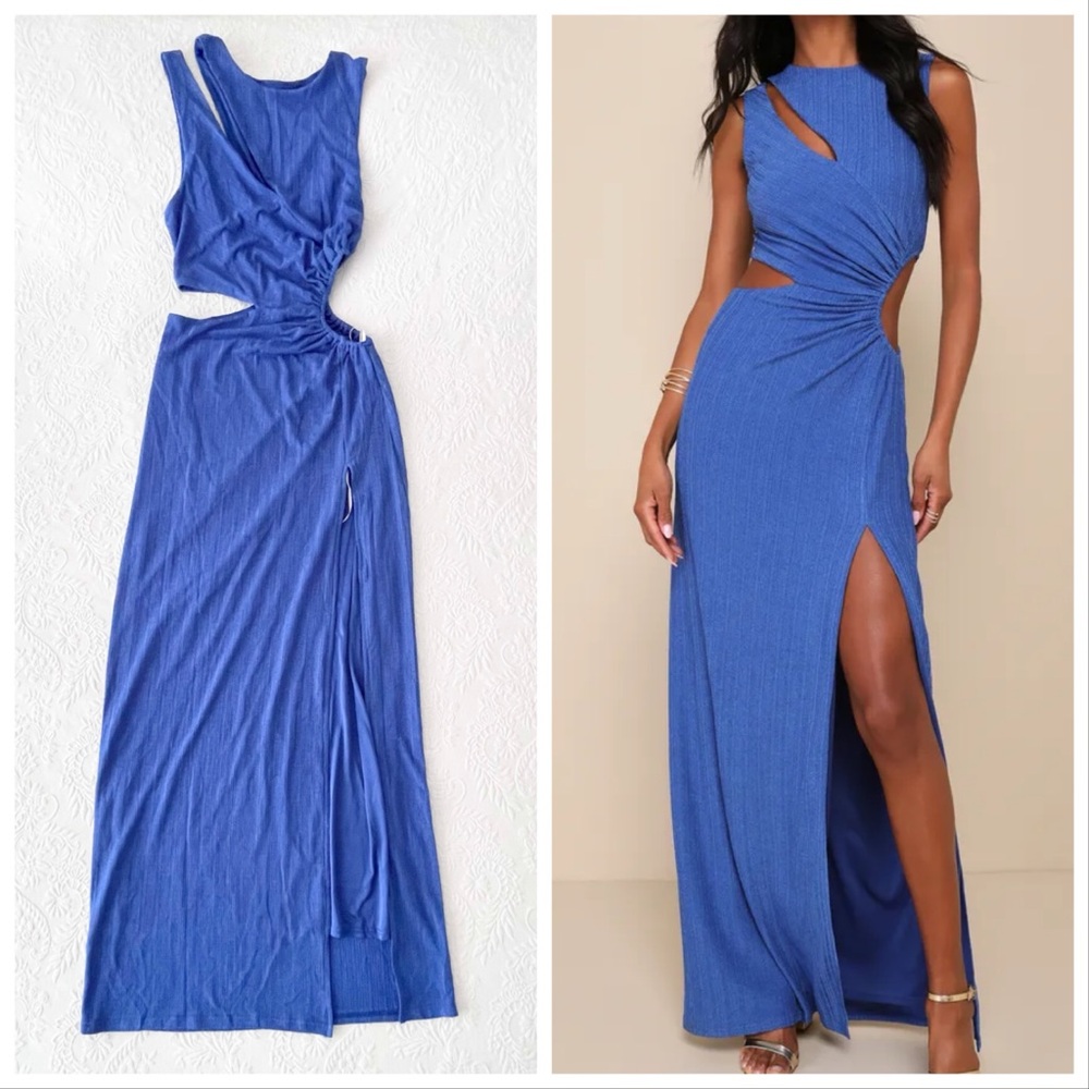 NWOT Lulus Upgraded Stunner Royal Blue Ribbed Cutout Sleeveless Maxi Dress